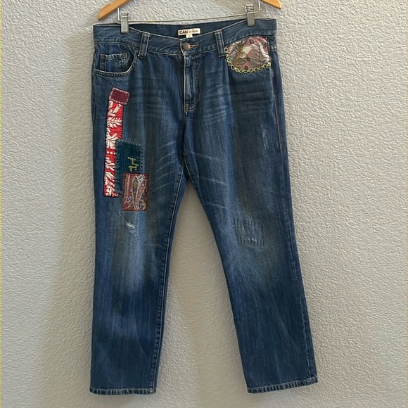 Cabi Jeans Patchwork Embroidered Distressed Cropped Denim Pant Boho Size 6 - Picture 1 of 7